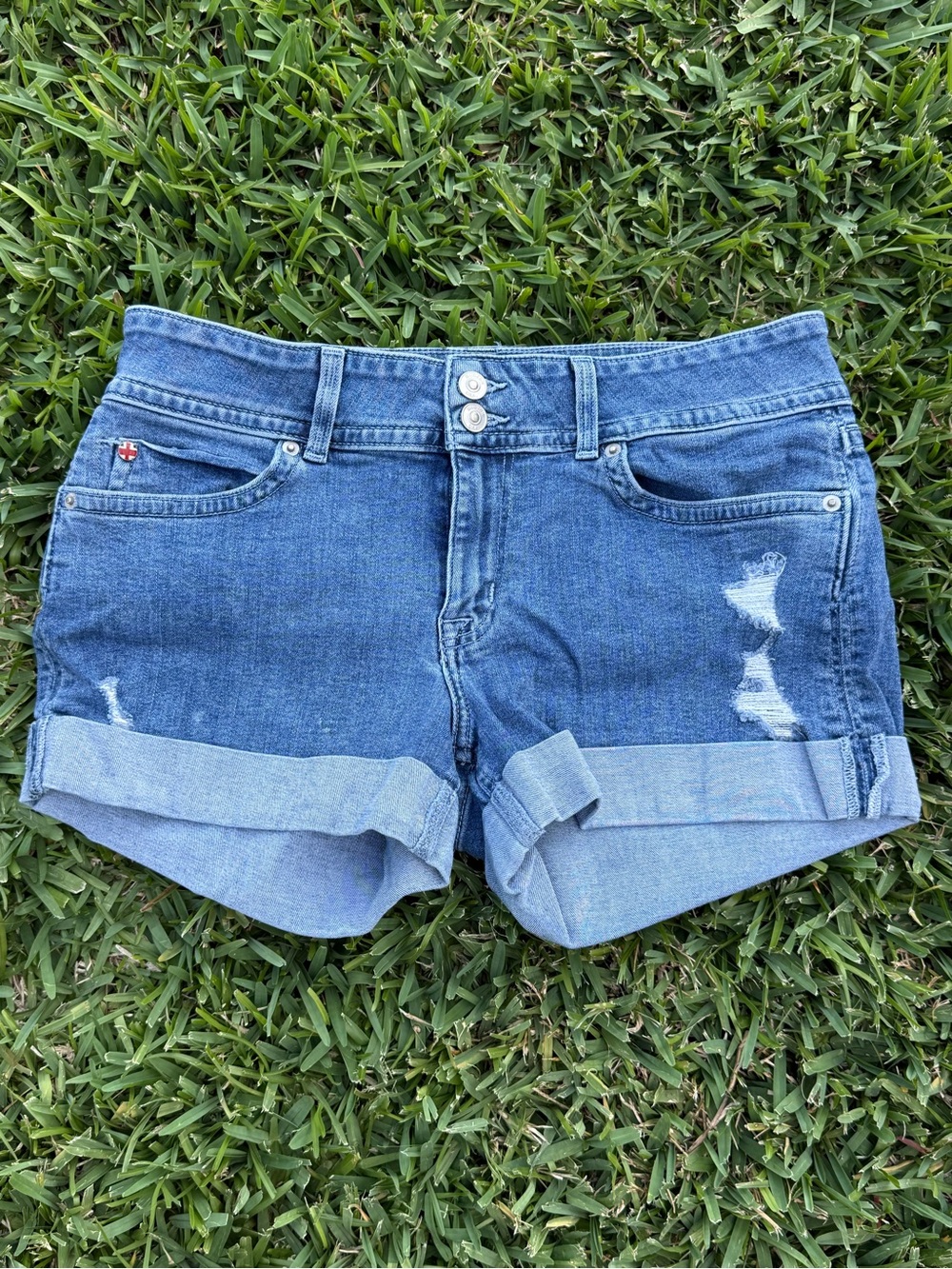 Hudson Jeans Medium Blue Distressed Cuffed Denim Shorts